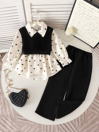 3 Peças Conjunto Elegante para Menina Jovem com Colete Sem Mangas, Camisa com Manga Evasê e Calça, Primavera e Outono