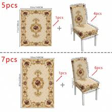 Juego de 1 pieza/5 piezas/7 piezas de mantel y funda para silla, (el de 5 piezas incluye 4 fundas para silla y 1 mantel), (el de 7 piezas incluye 6 fundas para silla y 1 mantel), Serie de patrones de rosa bohemia elegante, ambiente festivo para reuniones familiares, mantel rectangular adecuado para mesas cuadradas, fundas elásticas para sillas para comedor en interiores del hogar
