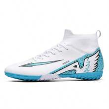 زوج أحذية كرة قدم عالية الكاحل يناسب الجنسين، مضادة للانزلاق وقوية، تصميم أقدام TF، جلد PU علوي، ألوان متعددة، نعل مطاطي خارجي، أحذية مباراة احترافية مناسبة للأرض الطينية والعشب القصير - أبيض - مشاهدة 5