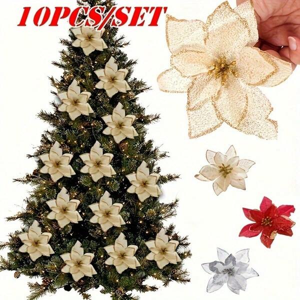 10pcs Christmas Decorative Flowers, Christmas Floral, Christmas Wreath, Artificial Christmas Tree Flowers, Suitable For Christmas Tree Decorations, Party Decorations, Christmas Holiday Supplies, Christmas Themed Party Hanging Decor, Fun Christmas Party Decorations, Merry Christmas, Christmas Decorations, Event Party Supplies, Gift For Friends And Family