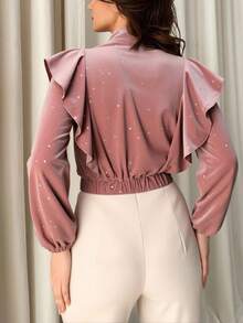 Chaqueta de satén de mujer con lentejuelas, volantes y abertura frontal: estilo elegante y moderno para otoño e invierno. - Rosa - Ver 2