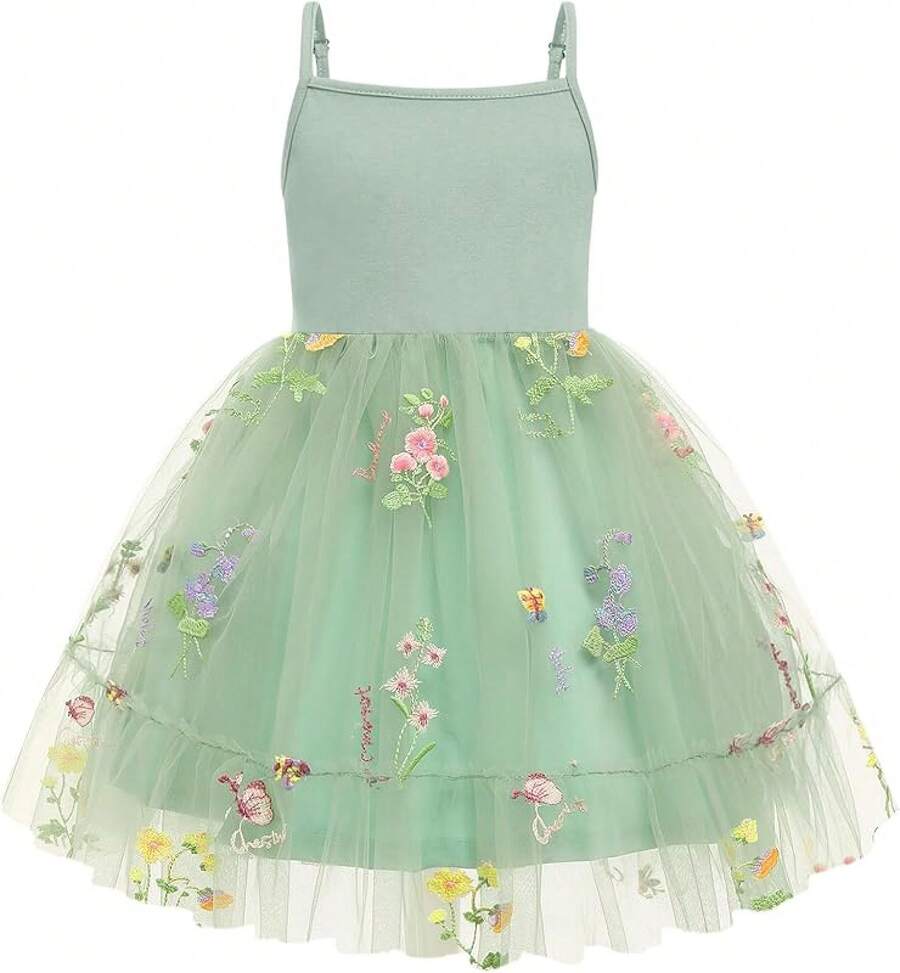 2025Toddler Girls Tulle Dress Rainbow Tutu Birthday Princess Dresses Formal Photo Shoot Outfit Summer Clothes 2-6T'Sprout Style' - 鼠尾草綠 - 花薄紗 - 查看 1