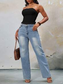 Women's Solid Color Front Slit Tube Top (Without Padding), Summer Wear - Black - View 8
