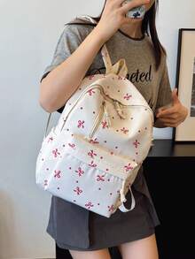 3 Pcs Fashionable Preppy Bow Print Backpack Set,Backpack&Lunch Bag&Pencil Case,With Laptop Compartment Bookbag,Adjustable Strap Bookbag Set,Multi Pockets High-Capacity School Bag Set Multifunctional Daypack Set Idea For Girls/Teens/College Students/Graduate/Graduate For Daily Use/Vacation/Travel/Back To School