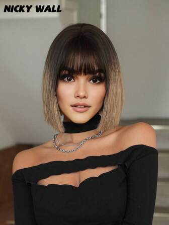 NICKY WALL 12 英寸渐变黑波波头棕色假发，女士短直发，自然造型，耐热纤维，适合日常派对使用