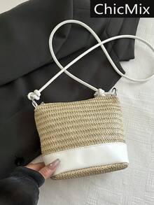 时尚新款撞色拼接迷你休闲单肩编织包，百搭简约海滩度假风女士手提斜挎包，适合逛街、钱包、购物、年轻女性、大学生、新人、白领人士。非常适合办公室、大学、工作、商务、通勤、户外活动、旅行和郊游。 - 彩色 - 查看 2