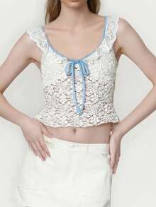 Women's Lace Cropped Camisole Ruffled Sweetheart Neck Slim Fit Tank Tops For Summer Streetwear