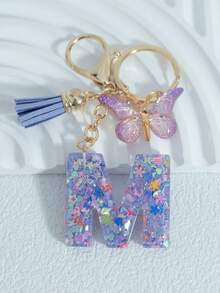 Sparkling Purple Mixed Snowflake Sequins, 26 Capital English Letters, Paired With Golden Patterned Butterflies And Purple Leather Tassels, 18kc Gold Lobster Buckle Flat Ring Chain Three Pieces Keychain Set, Suitable For Luggage Hanging Accessories, Car Hanging Accessories, Key Hanging Accessories, Mobile Phone Hanging Accessories, Clothing Hanging Accessories, As A Birthday Gift For Friends, Couples, And Mothers, Suitable For Both Men And Women - Purple - View 6