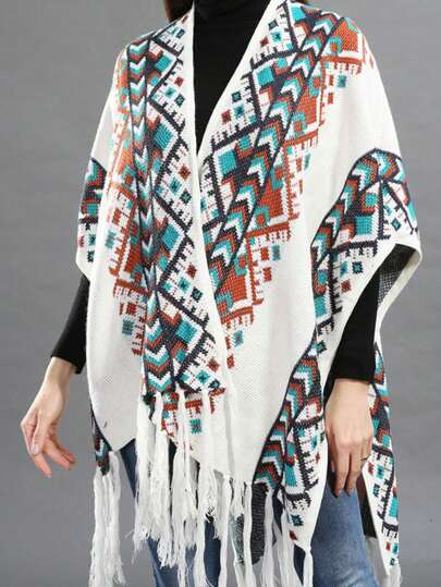 1 pieza Chal, bufanda, poncho, capa de estilo bohemio de punto largo para mujer