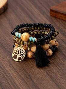 4pcs/Set Boho Style Wooden Life Tree Charm Bracelets, Elastic Rope Bangles For Daily Wear & Parties