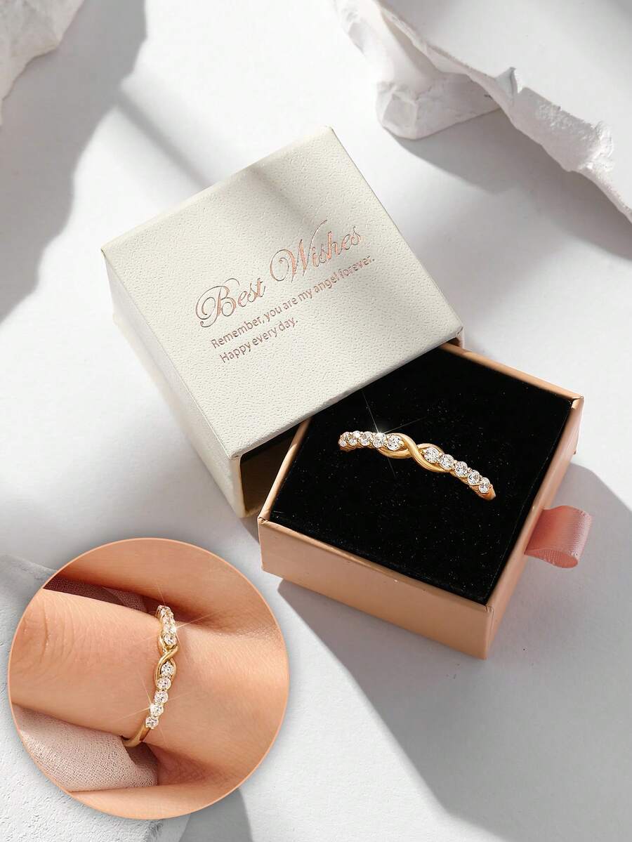 奢华永恒无限方晶锆石戒指，礼盒装，适合婚礼、订婚、情人节礼物 - 金色 - 查看 1