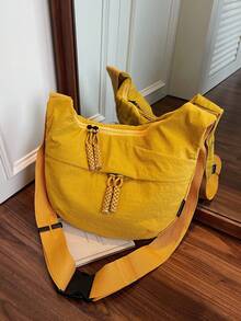 1 件纯黄色尼龙新月形可折叠手提包，多个口袋和拉链，学生休闲斜挎包，轻便方便，适合夏季，街头服饰