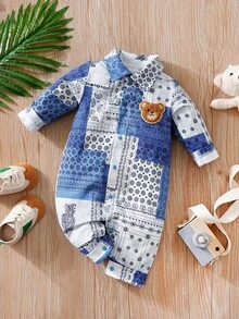 Newborn Baby Boys & Girls' Long Sleeve Lapel Denim Effect Bear Design Jumpsuit, Suitable For Spring & Autumn - Blue - View 1