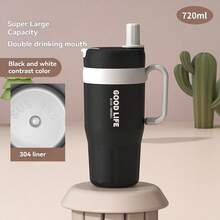 Leak-Proof 304 Stainless Steel Insulated Travel Mug, With Foldable Straw-Sipping Lid And Handle, For Hot/Cold Drinks Back To School