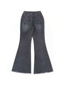 Elegant Flared Jeans For Women With Raw Edge Design, Suitable For Back To School And Everyday Wear, Autumn/Winter - Dark Grey - View 2