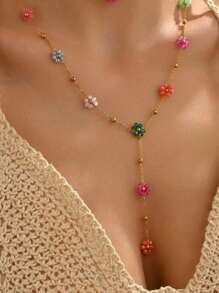 1pc Summer 2025 New Colorful Crystal Flower Decor Y-Shaped Titanium Steel Beaded Necklace, Suitable For Beach, Vacation, And Casual Occasions