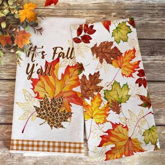 1pc/2pcs Autumn Maple Leaf Themed Kitchen Towels, With Strong Water Absorption, Measuring 40x60cm, Machine Washable, Very Suitable For Rural Vacation Kitchens, Bathrooms, Holiday Parties, Furniture Decoration, And Also Suitable For Thanksgiving Autumn Decoration.