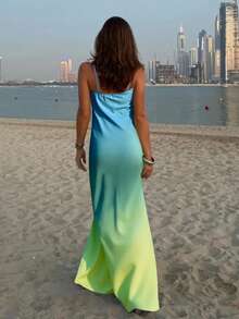 缎面渐变美人鱼连衣裙，夏季沙滩装 - 綠色 - 查看 4