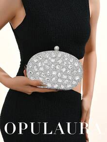 OpulAura 1件装闪亮银色奢华水钻装饰女士手提包，时尚水钻点缀晚宴手拿包，配金属链，适合正式场合、派对、婚礼、生日、情人节礼物 - 銀色 - 查看 8