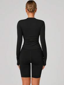 女士时尚立领拉链长袖瑜伽外套，紧身柔软，适合瑜伽服、户外健身运动，秋季健身锻炼必备