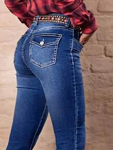 Women's Large-Sized Solid Blue Flap-Front Bag Opening Pleated Cuffed Trouser Jeans, Denim Pants, Women's High-Waisted Retro Mature Fashionable Denim Pants, Stretchable Large-Sized Denim Pants - 中藍色 - 查看 4