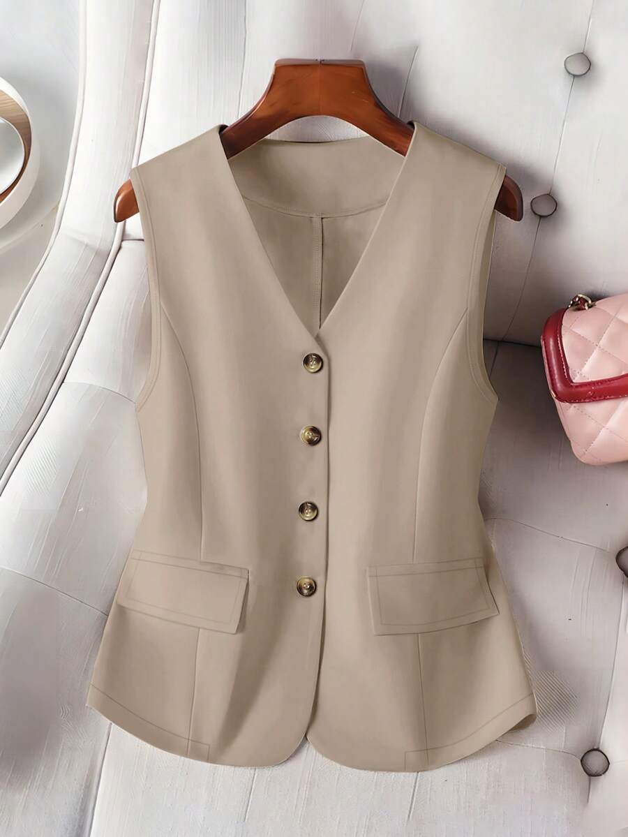 Women's Casual Single-Breasted Sleeveless Blazer For Spring/Summer Office Commute Wear - Khaki - View 1