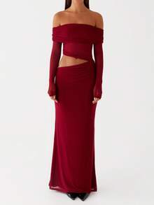 Women's Summer Hollow One Shoulder Sexy Long Dress - 酒紅色 - 查看 2