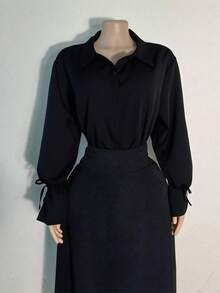 Plus Size Women's Solid Color Long Sleeve Button Half-Placket Casual Shirt, Autumn/Winter - Black - View 3