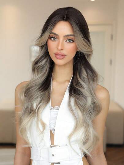 Long Wavy Curly Good Quality Synthetic Wigs Beige Blonde Ombre 28 Inch For Women