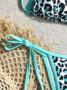 女式露背豹纹拼接比基尼上衣和下装休闲套装夏季 - 藍白色 - 查看 5