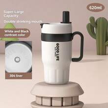 Leak-Proof 304 Stainless Steel Insulated Travel Mug, With Foldable Straw-Sipping Lid And Handle, For Hot/Cold Drinks Back To School