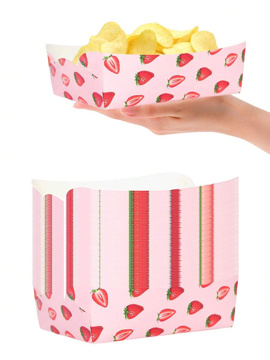 10pcs/20pcs/50pcs Strawberry Paper Food Trays Pink Red Berry Fruit Food Boats Disposable Serving Tray Bowl Holder Strawberry Snack Bowl Disposable Berry Dessert Boats For Wedding Strawberry Themed Shortcake Berry First Birthday Party Supplies Favors Decoration - Multicolor - View 1