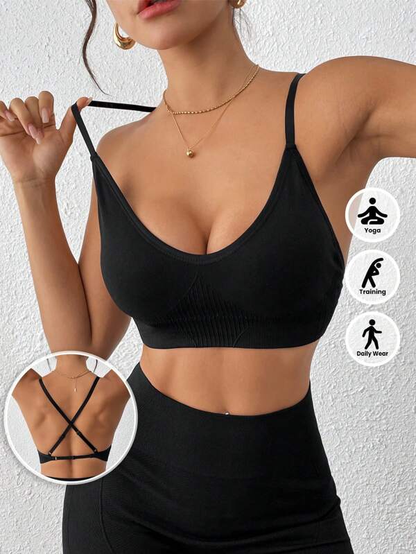 LianShengFa 1pc Seamless Ribbed V-Neck Adjustable Criss-Cross Strap Open Back High Stretch Medium Support Sports Bra For Women, Removable Pads, Soft & Breathable, For Fitness, Outdoor, Yoga