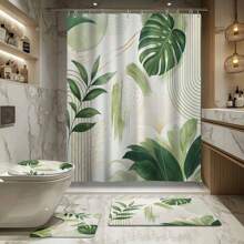 1/4 piezas Conjunto de cortina de ducha con temática verde lavanda de estilo bohemio, hecho de poliéster, resistente al agua, decoración de baño, fácil de limpiar, con ganchos para la ducha, cortina, sombreado, baño, división del baño, lavable a máquina