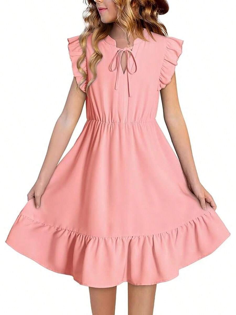 Girls Dresses Ruffle Trim Sleeveless V Neck Casual A-Line Flowy Dress With Pockets - 粉色 - 查看 1