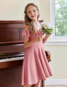 2025 BestArshiner Girls Summer Dress Off Shoulder Flutter Sleeve Midi Swing Cassual Formal Dresses With Pocket