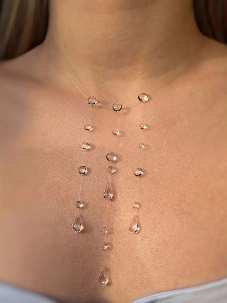 1pc Fashion Minimalist Faux Water Drop Dew Tassel Necklace, Suitable For Women Everyday Wear - Clear - View 1