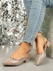 Solid Color Bohemian Elegant Punk Rivet Studded Pointed Toe Holiday Wedding Party Summer Sandals - Apricot - View 3