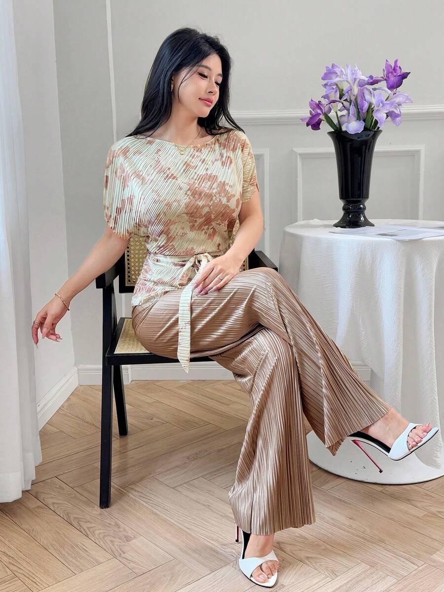 Women Elegant Bowknot Batwing Sleeve Top And Pleated Pants 2-Piece Set - Multicolor - View 1
