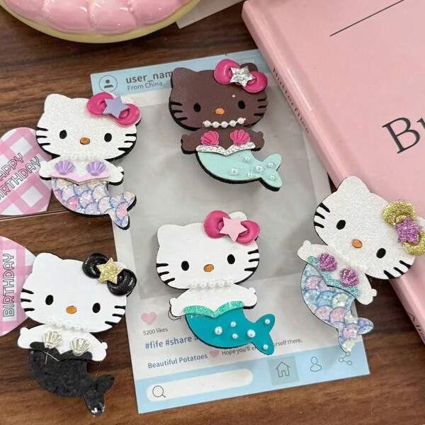 Sanrio Sanlio Summer Vacation Style Hello Kitty Mermaid Leather Hair Clip Colorful Side Hairpin Clip Premium Hairpin