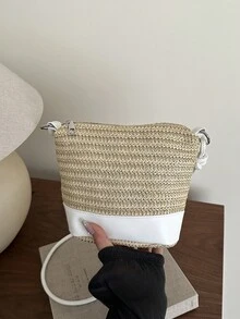 时尚新款撞色拼接迷你休闲单肩编织包，百搭简约海滩度假风女士手提斜挎包，适合逛街、钱包、购物、年轻女性、大学生、新人、白领人士。非常适合办公室、大学、工作、商务、通勤、户外活动、旅行和郊游。 - 彩色 - 查看 4