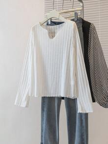 YUXIN 新款宽松条纹长袖轻便休闲T恤上衣，薄款春夏防晒罩衫 - 杏色 - 查看 11