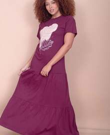 Vestido Longo Com Manga Curta Folha Bordô - bordô - Visão 2