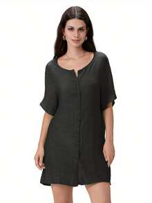 Women Bikini Cover-Ups Solid Color Crew Neck Short Sleeve Button-Down Summer Shirts Mini Beach Dress