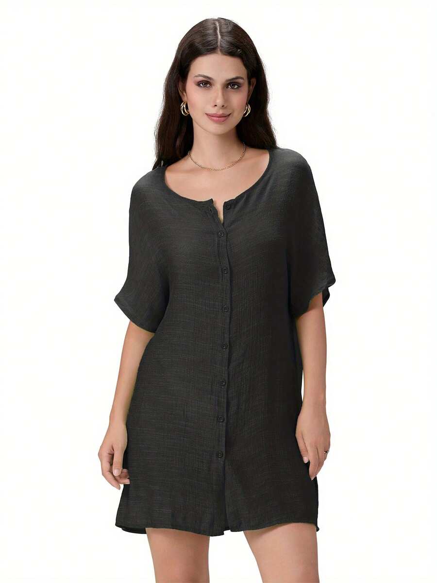 Women Bikini Cover-Ups Solid Color Crew Neck Short Sleeve Button-Down Summer Shirts Mini Beach Dress