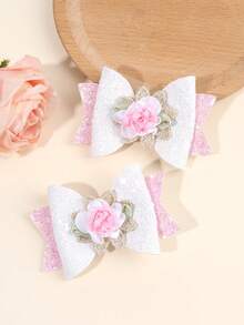 2 件白色和粉色闪光蝴蝶结发夹，仿真花压缩夹配饰发饰蝴蝶结，可爱发饰，适合女孩青少年派对夏季礼物