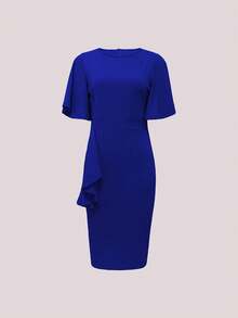 Vintage-Style Solid Color Round Neck Lantern Sleeve Bodycon Dress, Women Fashion, Spring/Summer Elegant - Blue - View 5