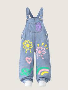 Girls' Cute Flower Print & Denim Jumpsuits, Lightweight, Summer