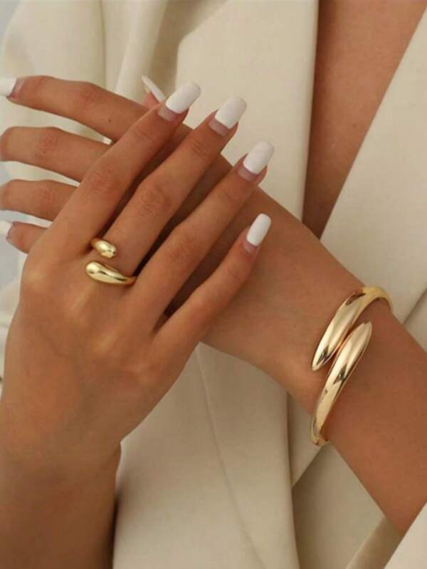 European And American Style Waterdrop Crisscross Vintage Open Ring & Bracelet Jewelry Set, Simple & Fashionable For Women, Suitable For Daily Wear