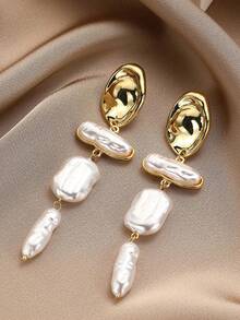 2pcs Asymmetrical Baroque Faux Pearl Clip-On Earrings, Exaggerated Tassel Dangle Earrings Without Piercing - White - View 13